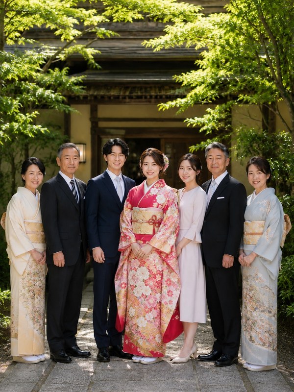 両家顔合わせで振袖を着る女性とご家族