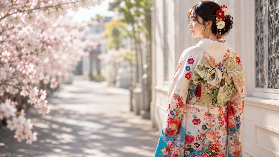 Woman in furisode kimono along a cherry-blossom street in Harajuku & Omotesando