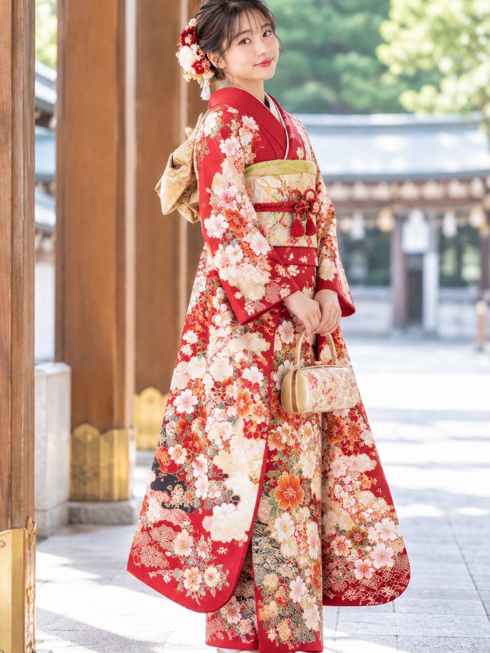 赤い振袖姿で神社に佇む女性