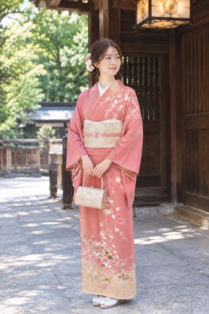 Woman in a houmongi kimono in front of a shrine gate