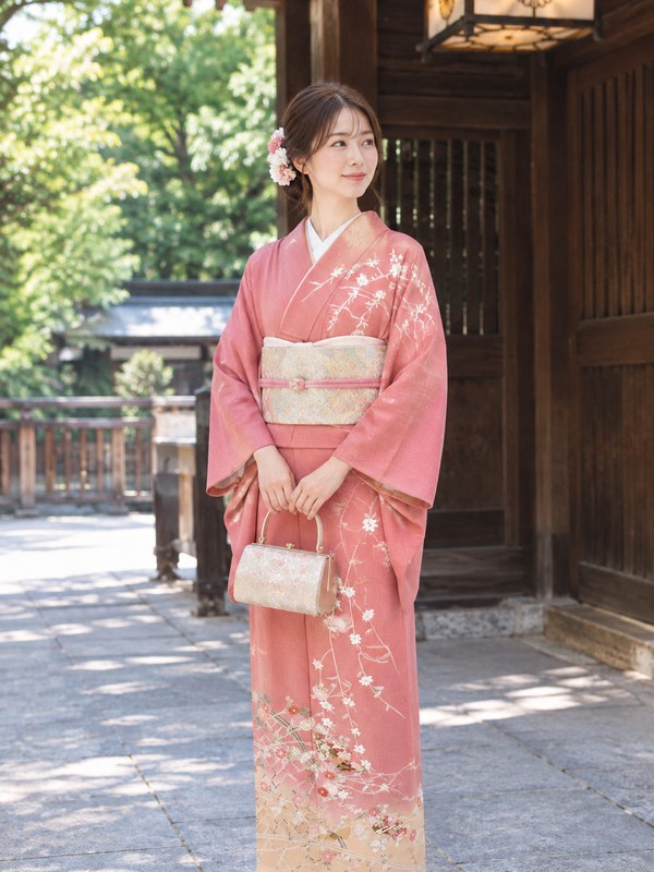 神社の前で訪問着姿の女性