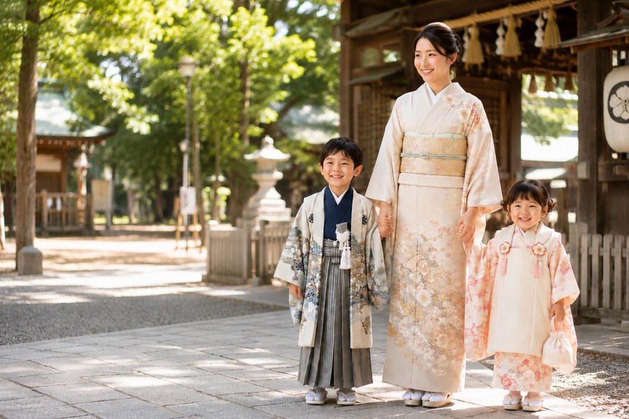 明治神宮で七五三のお参りをする家族