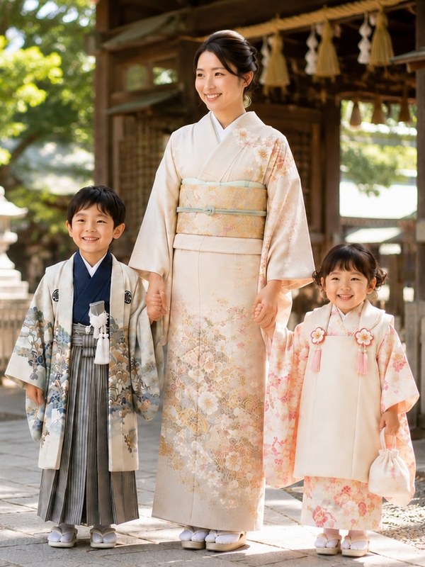 明治神宮で七五三のお参りをする家族