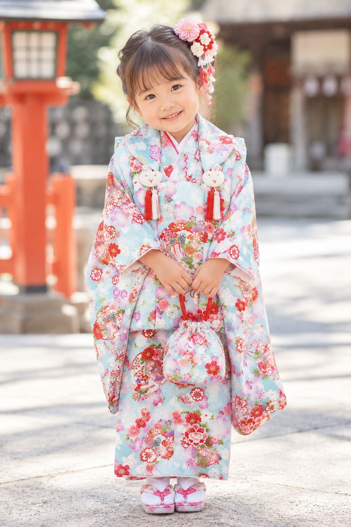 A 3-year-old girl in a vibrant light-blue hifu kimono